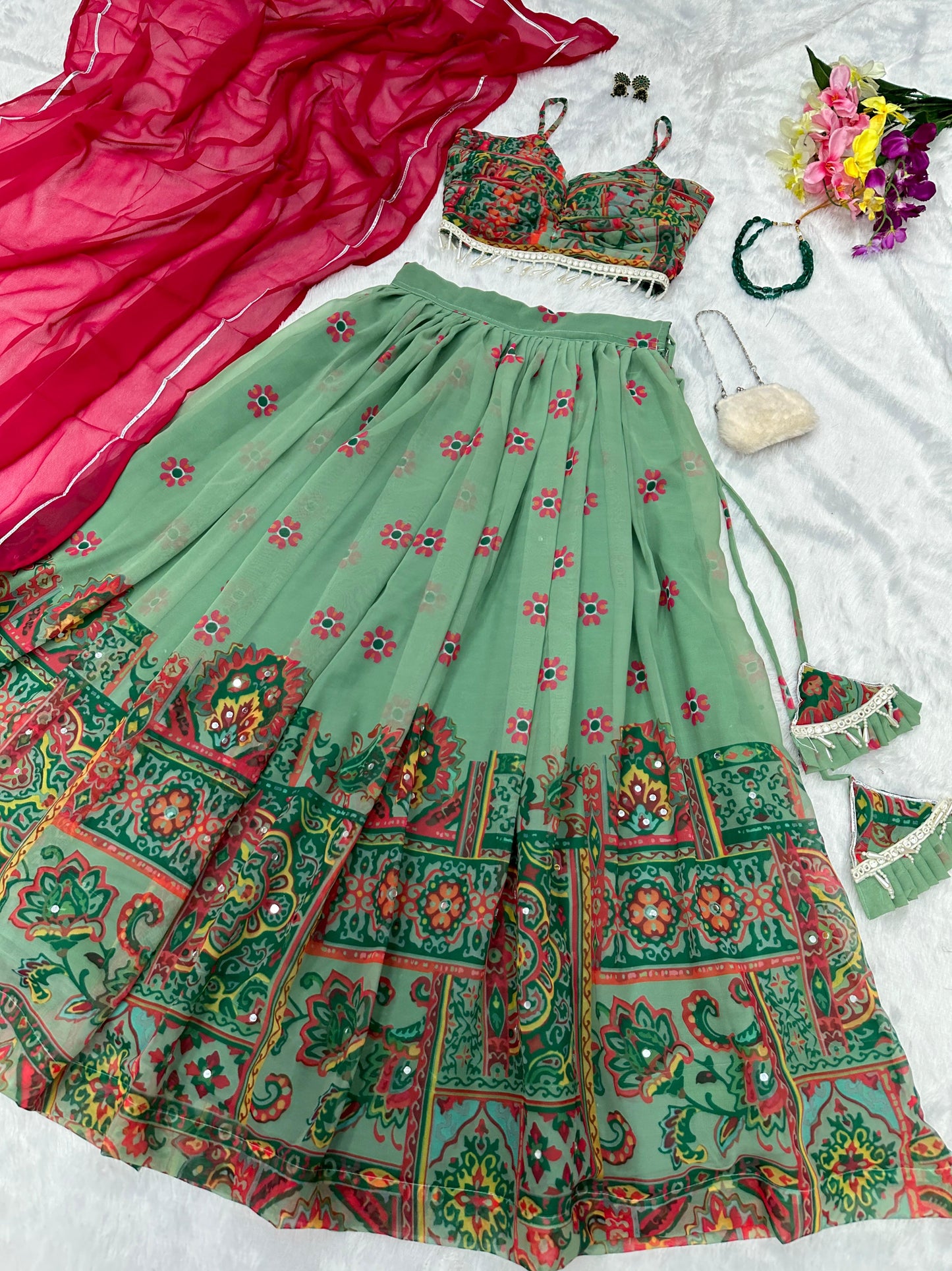 Wonderful Digital Printed Pista Green Lehenga Choli