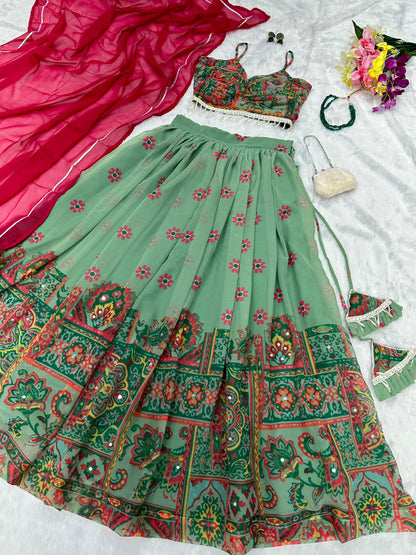 Wonderful Digital Printed Pista Green Lehenga Choli