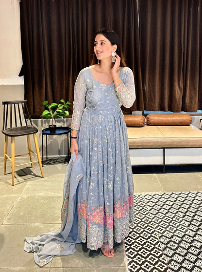 Admiring Grey Color Sequence And Embroidery Work Gown