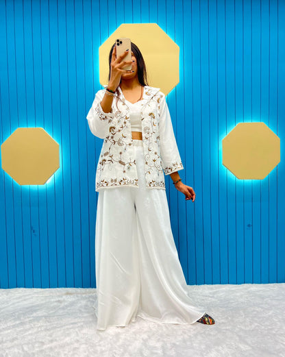 Pretty Embroidery Work White Crop Top Palazzo And Jacket