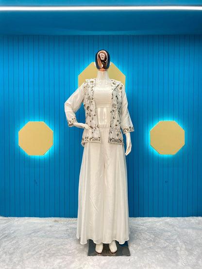 Pretty Embroidery Work White Crop Top Palazzo And Jacket