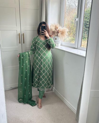 Innovative Work Pista Green Salwar Suit With Dupatta
