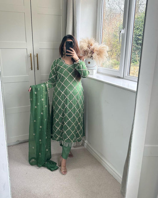 Innovative Work Pista Green Salwar Suit With Dupatta