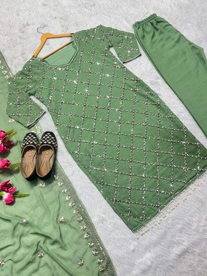 Innovative Work Pista Green Salwar Suit With Dupatta