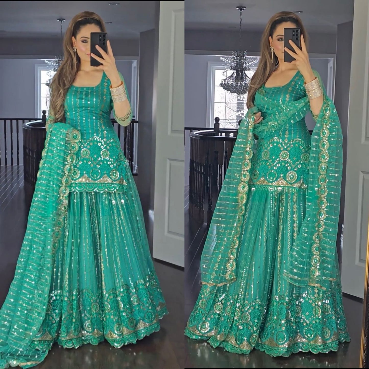 Multi Sequence Work Aqua Green Lehenga With Top