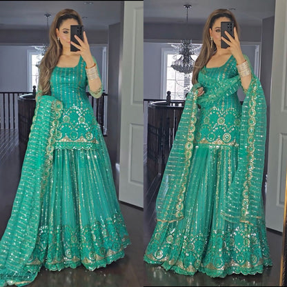 Multi Sequence Work Aqua Green Lehenga With Top