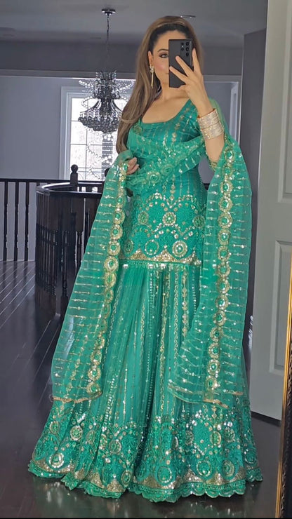 Multi Sequence Work Aqua Green Lehenga With Top