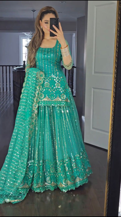 Multi Sequence Work Aqua Green Lehenga With Top
