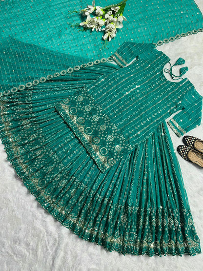 Multi Sequence Work Aqua Green Lehenga With Top