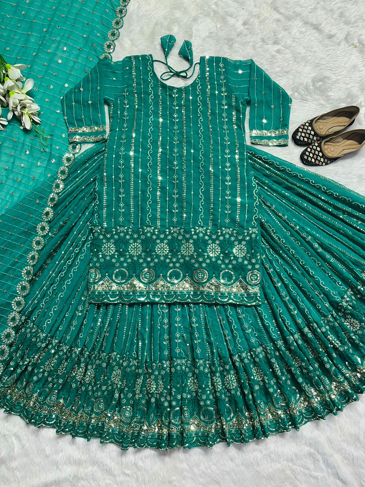 Multi Sequence Work Aqua Green Lehenga With Top