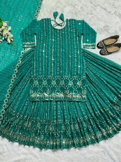 Multi Sequence Work Aqua Green Lehenga With Top