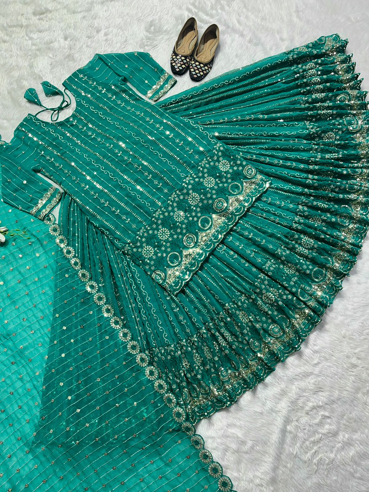 Multi Sequence Work Aqua Green Lehenga With Top
