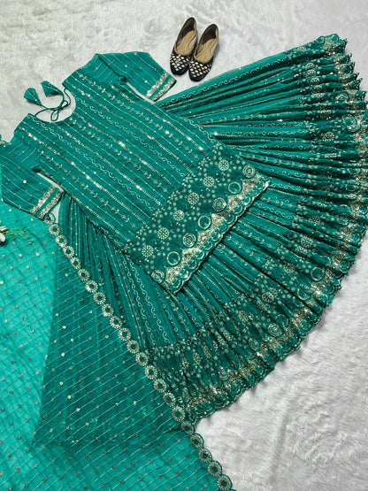 Multi Sequence Work Aqua Green Lehenga With Top