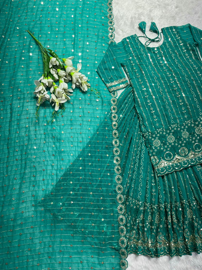 Multi Sequence Work Aqua Green Lehenga With Top