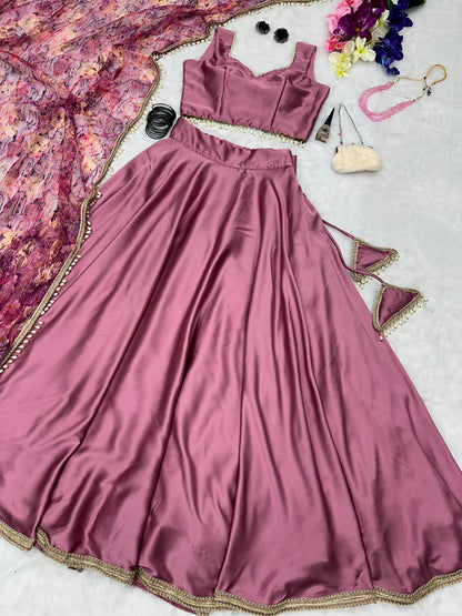 Stunning Dusty Pink Color Satin Silk Lehenga Choli