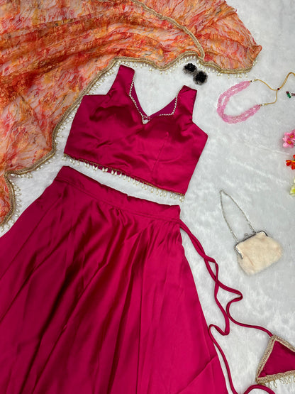 Stunning Dark Pink Color Satin Silk Lehenga Choli