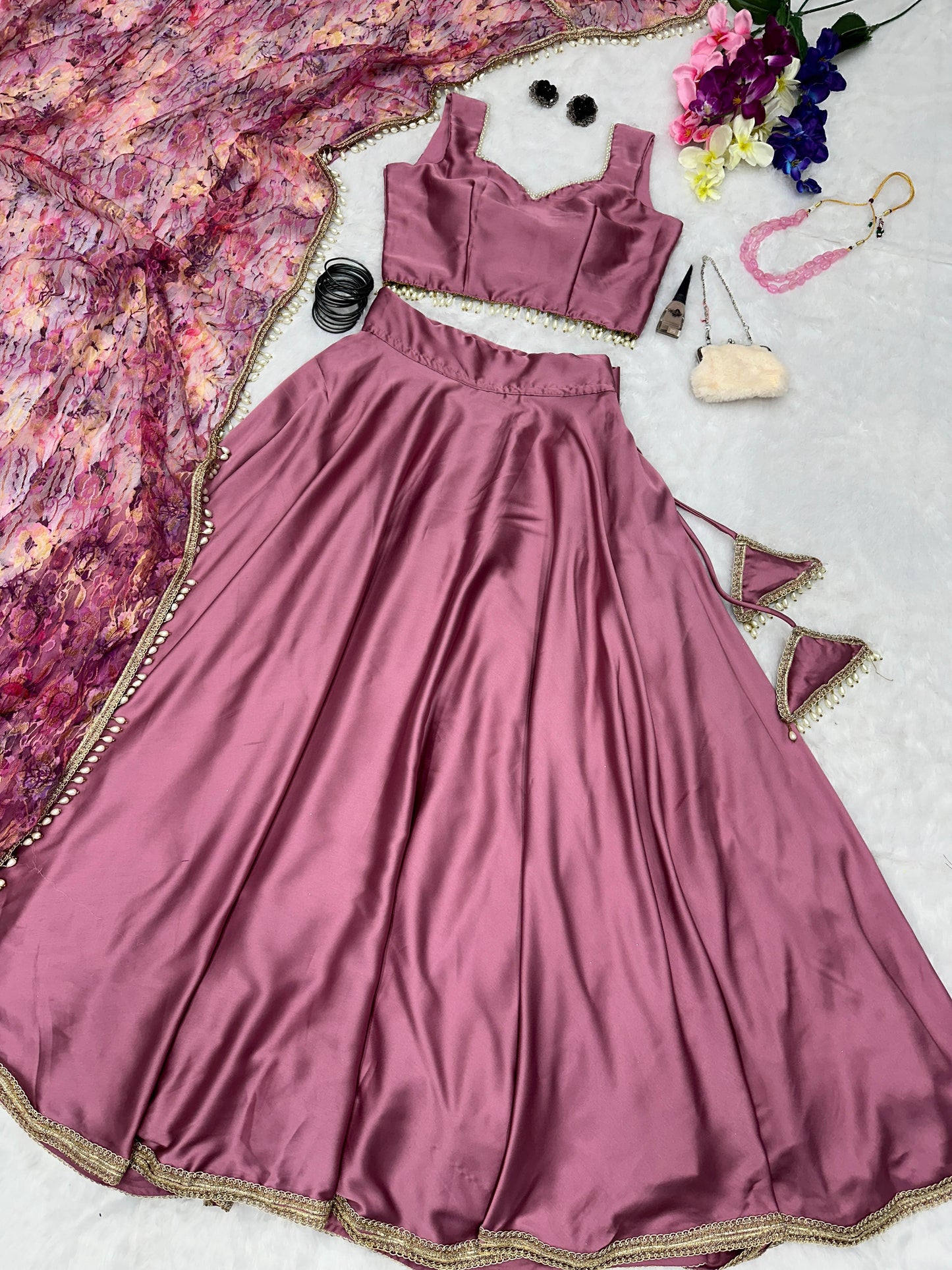 Stunning Dusty Pink Color Satin Silk Lehenga Choli
