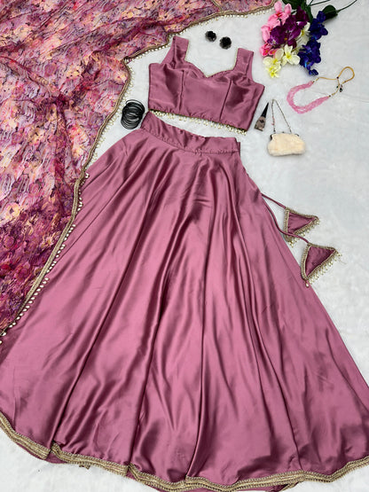 Stunning Dusty Pink Color Satin Silk Lehenga Choli