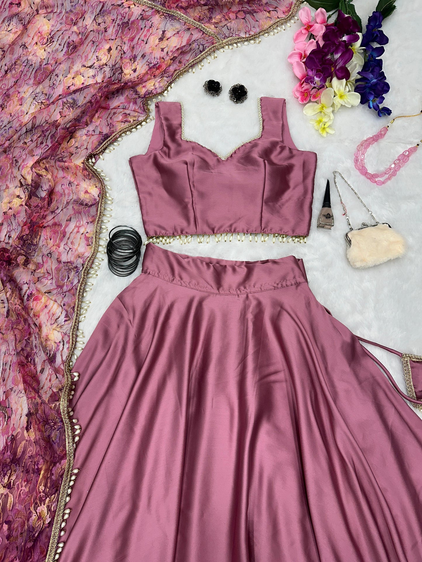 Stunning Dusty Pink Color Satin Silk Lehenga Choli