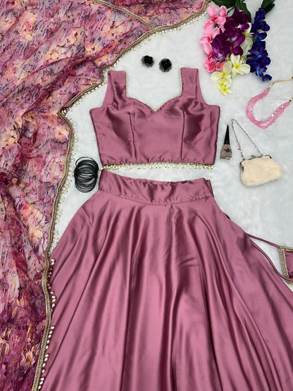 Stunning Dusty Pink Color Satin Silk Lehenga Choli