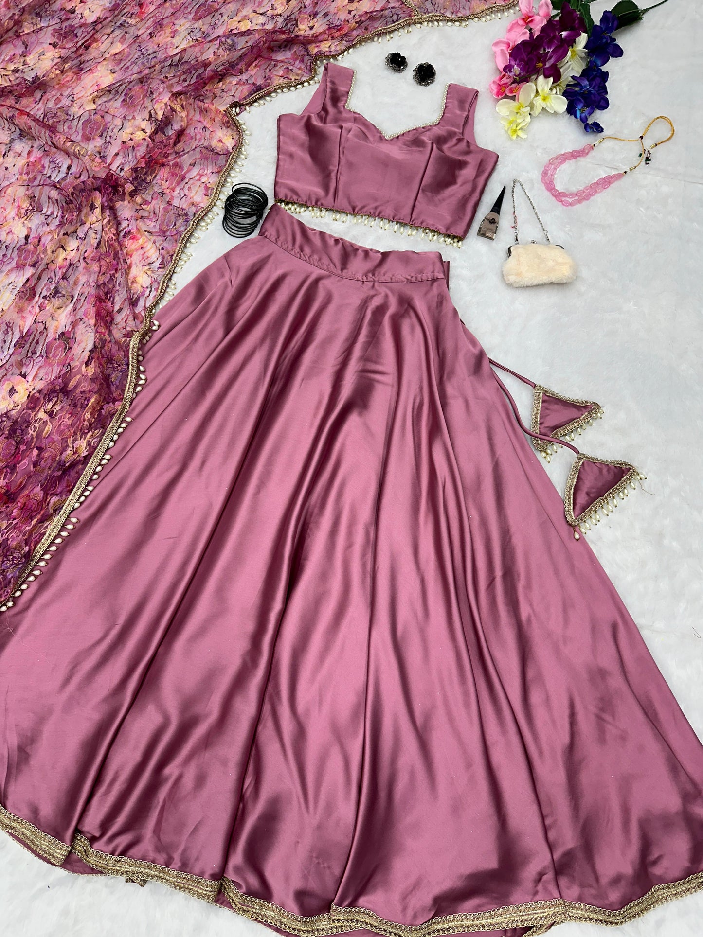 Stunning Dusty Pink Color Satin Silk Lehenga Choli