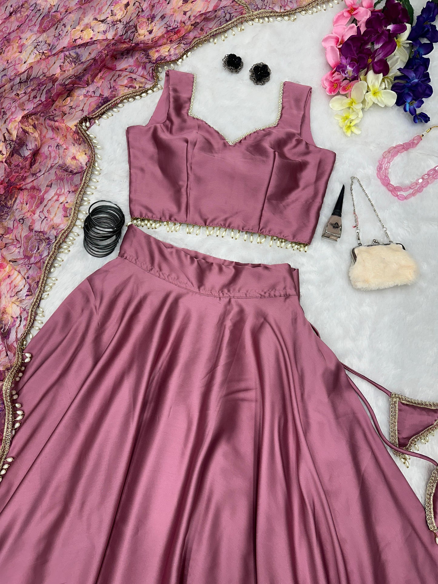 Stunning Dusty Pink Color Satin Silk Lehenga Choli