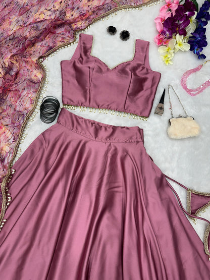 Stunning Dusty Pink Color Satin Silk Lehenga Choli