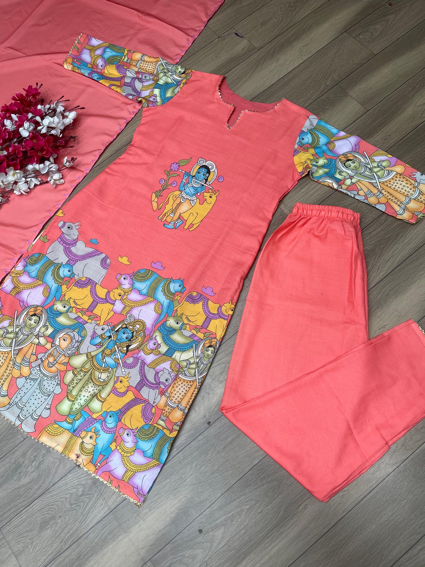 Kalamkari Print Peach Color Festive Wear Salwar Suit