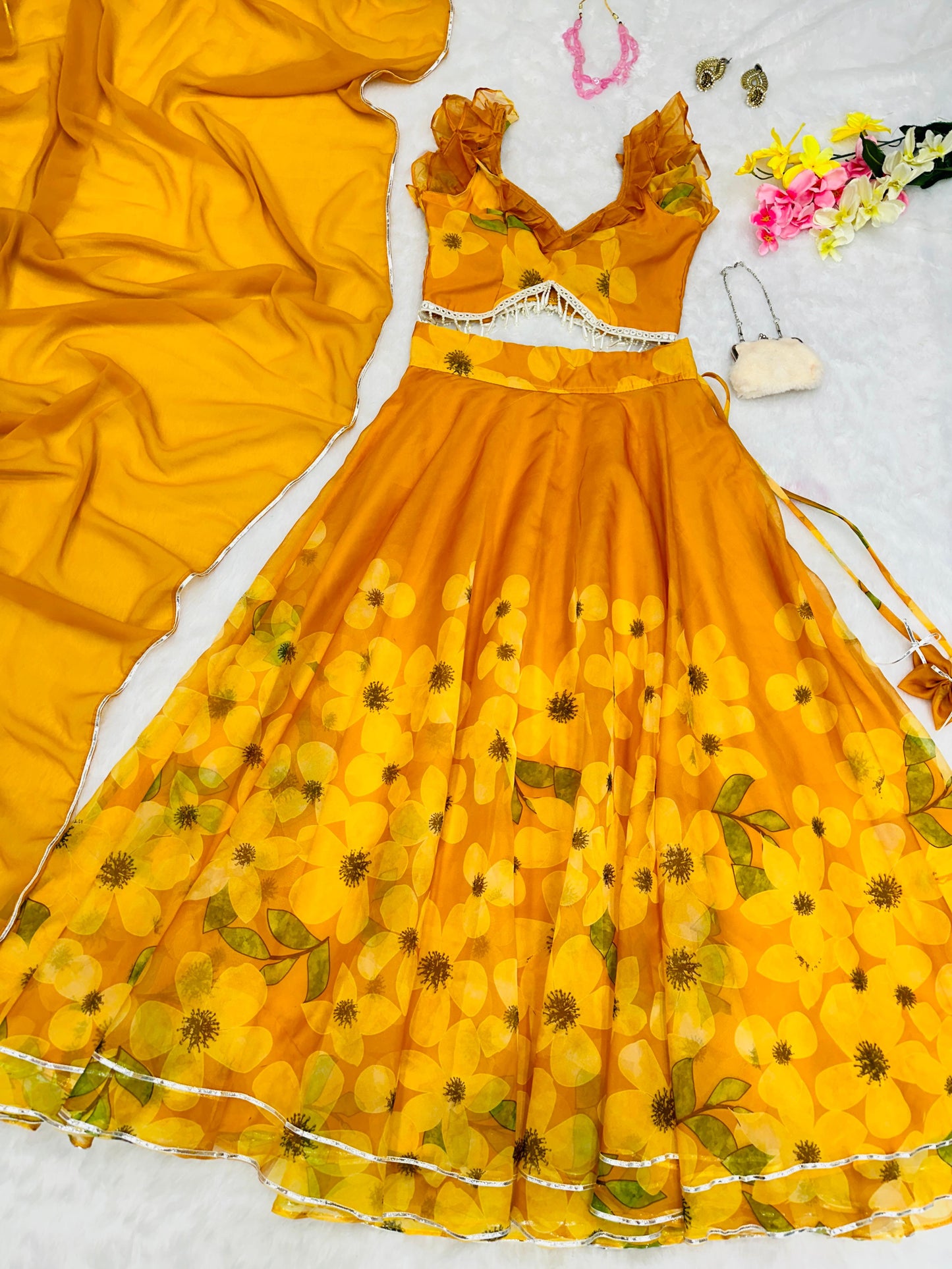 Ceremony Wear Organza Mustard Color Lehenga Choli