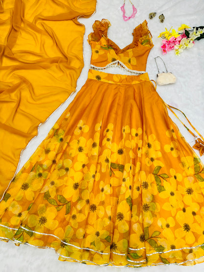 Ceremony Wear Organza Mustard Color Lehenga Choli