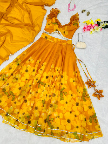 Ceremony Wear Organza Mustard Color Lehenga Choli