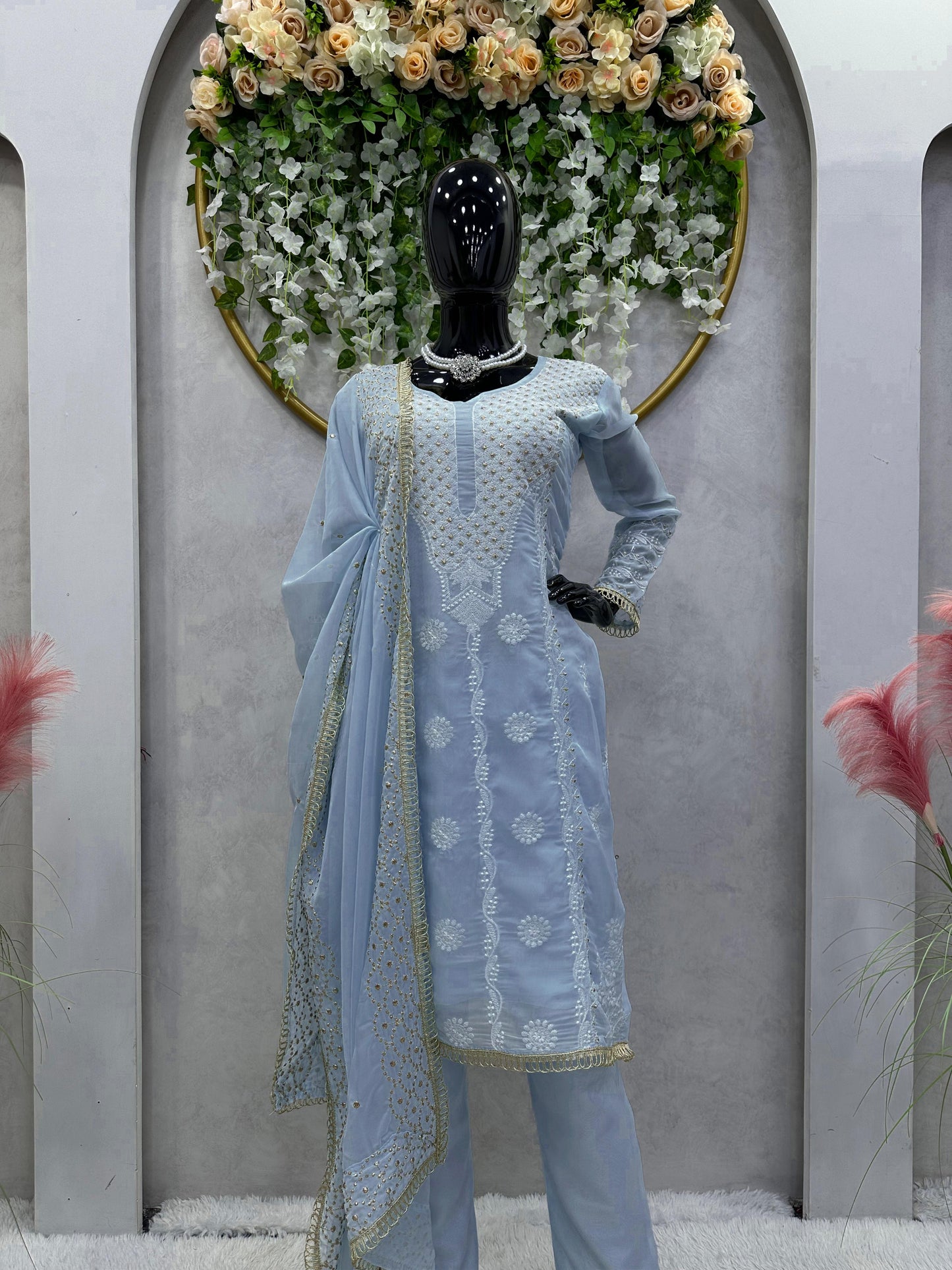 Graceful Thread Work Sky Blue Color Suit