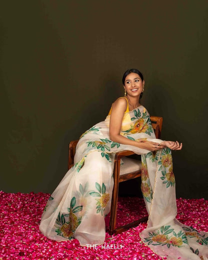 Alluring Mustard Color Hand Work Organza Saree