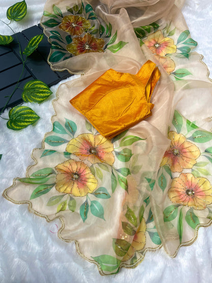 Alluring Mustard Color Hand Work Organza Saree