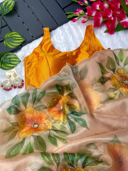 Alluring Mustard Color Hand Work Organza Saree