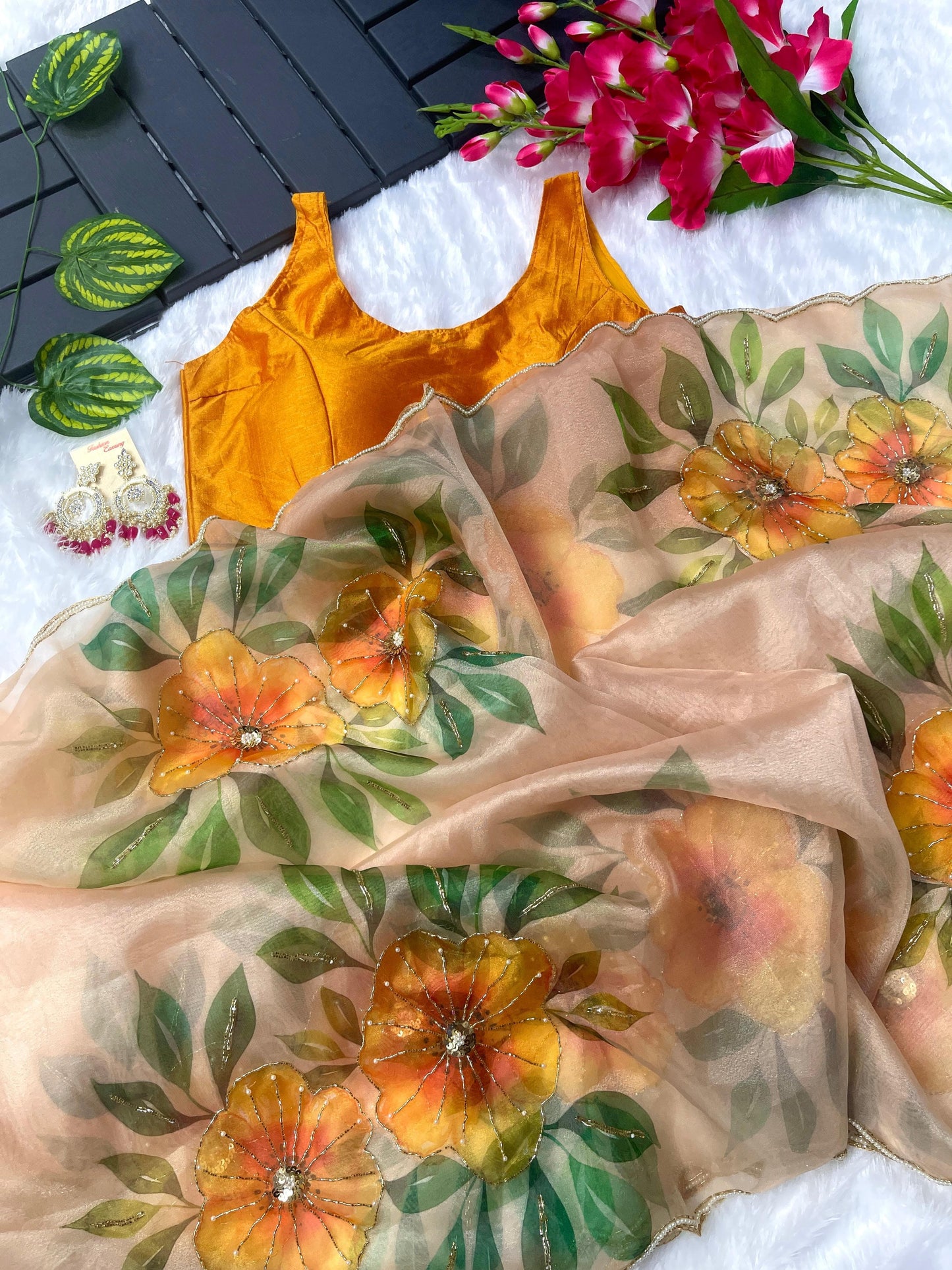Alluring Mustard Color Hand Work Organza Saree