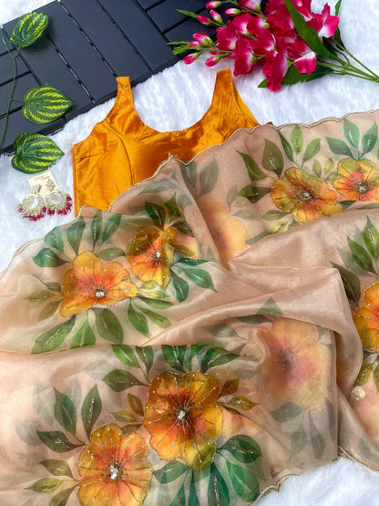 Alluring Mustard Color Hand Work Organza Saree