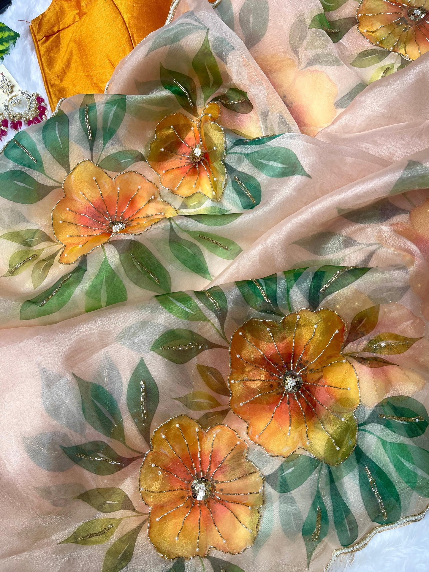 Alluring Mustard Color Hand Work Organza Saree