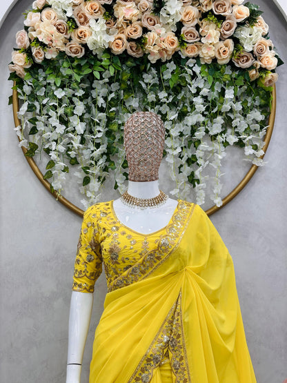 Glorious Yellow Color Thread Sequence Work Saree