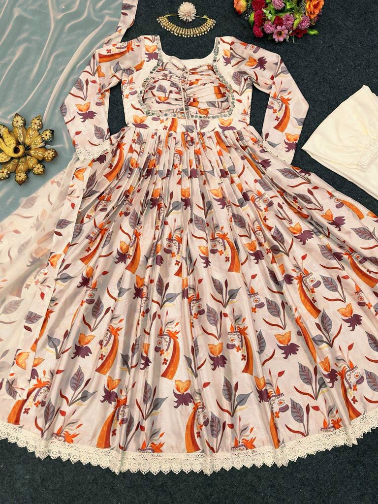 Outstanding Digital Print Cream Color Gown