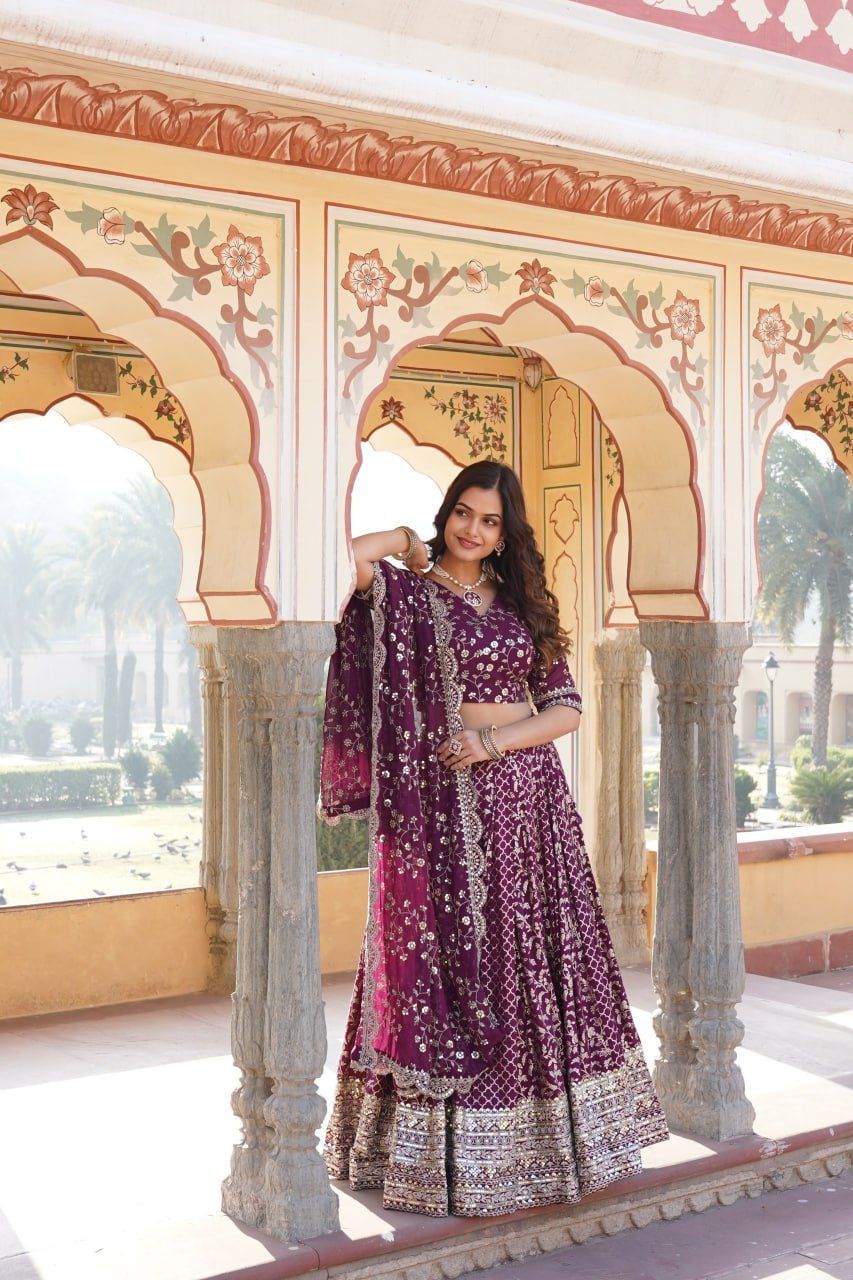 Marriage Special Wine Embroidered Work Lehenga Choli