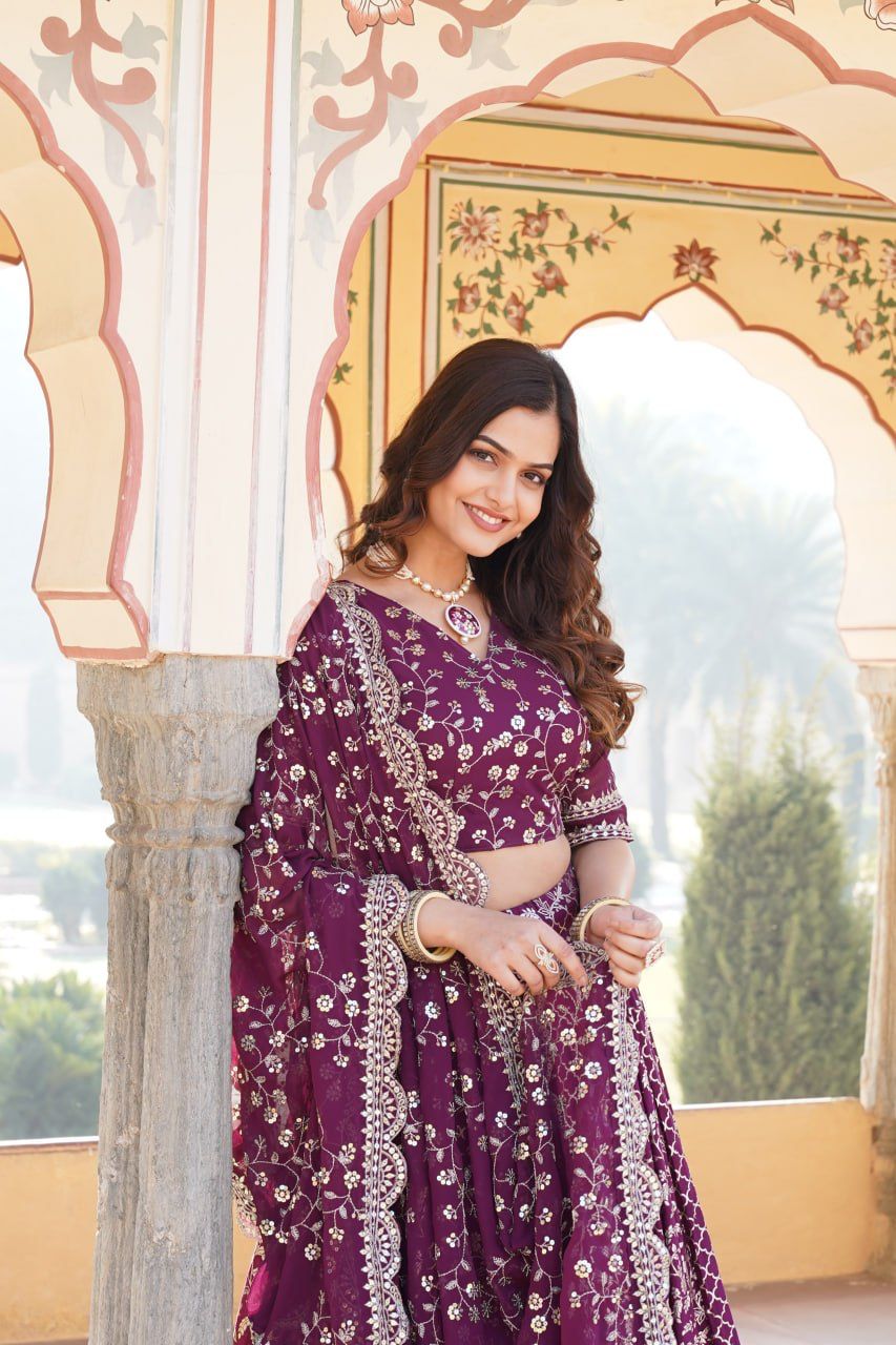 Marriage Special Wine Embroidered Work Lehenga Choli
