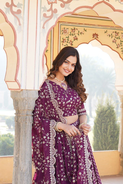 Marriage Special Wine Embroidered Work Lehenga Choli