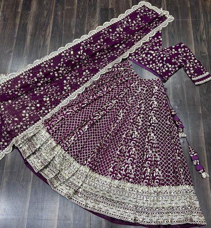 Marriage Special Wine Embroidered Work Lehenga Choli