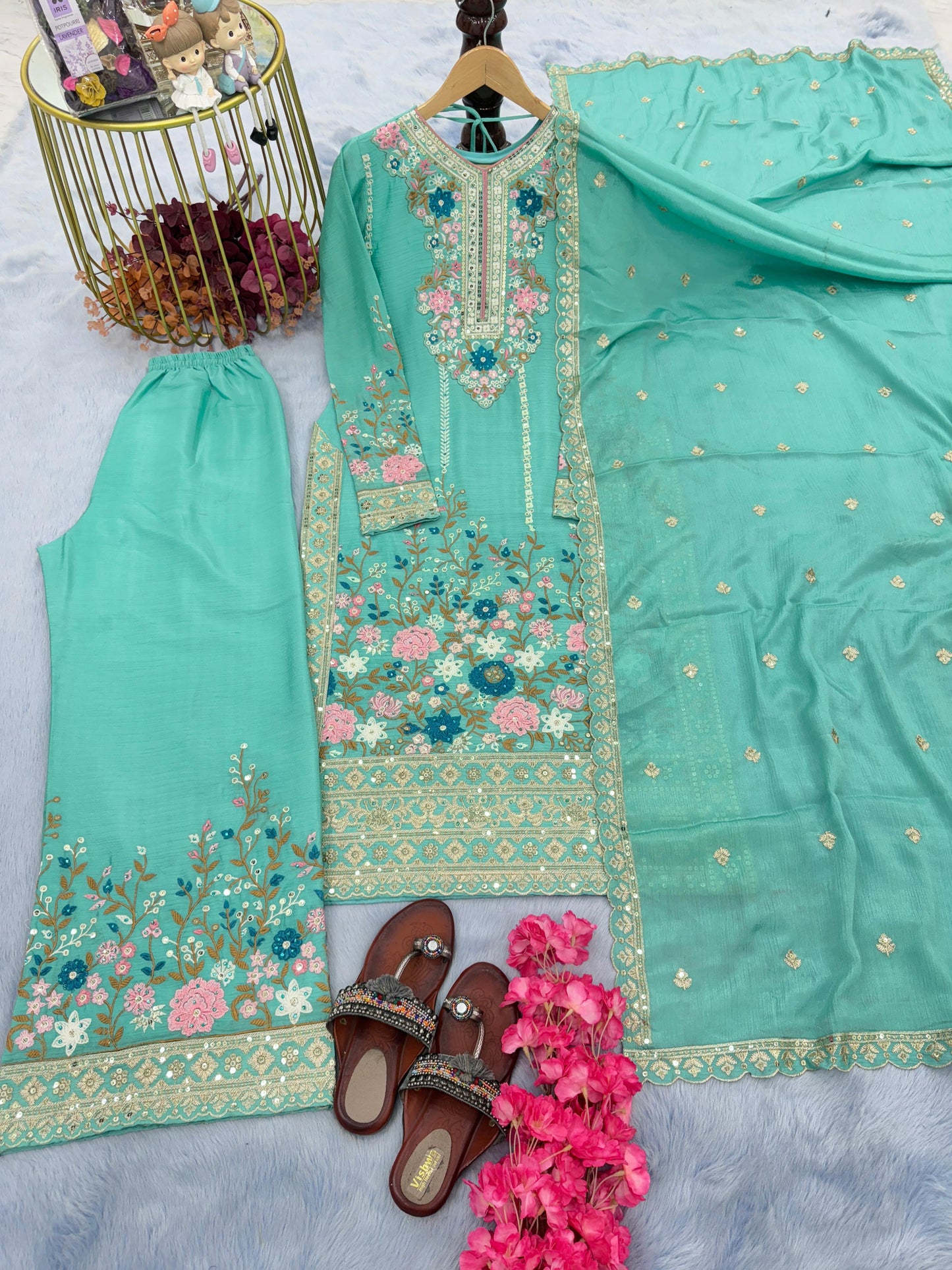 Admiring Aqua Green Color Thread Work Palazzo Suit