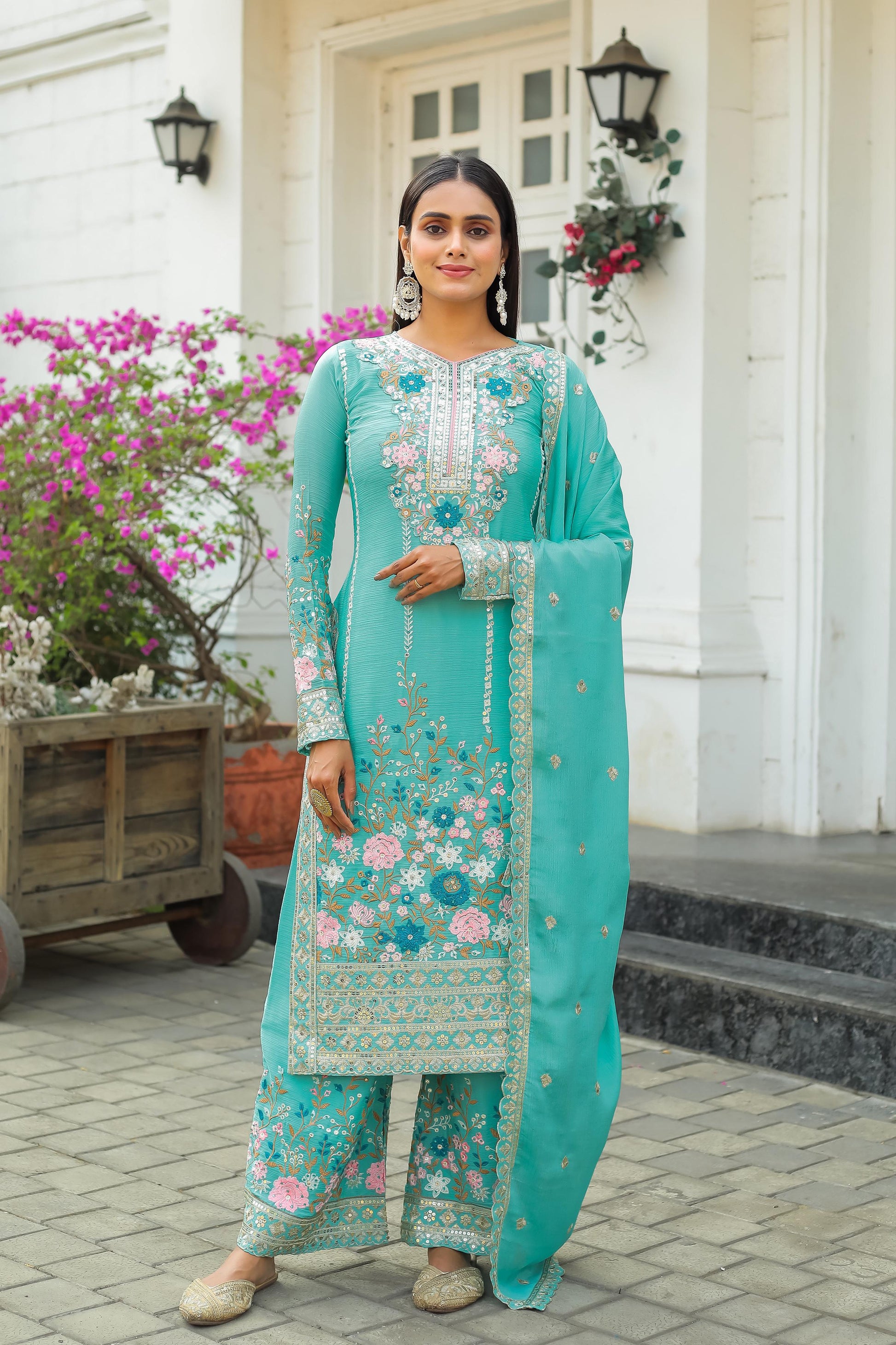 Glimmering Embroidery Sequence Work Rama Color Anarkali Suit