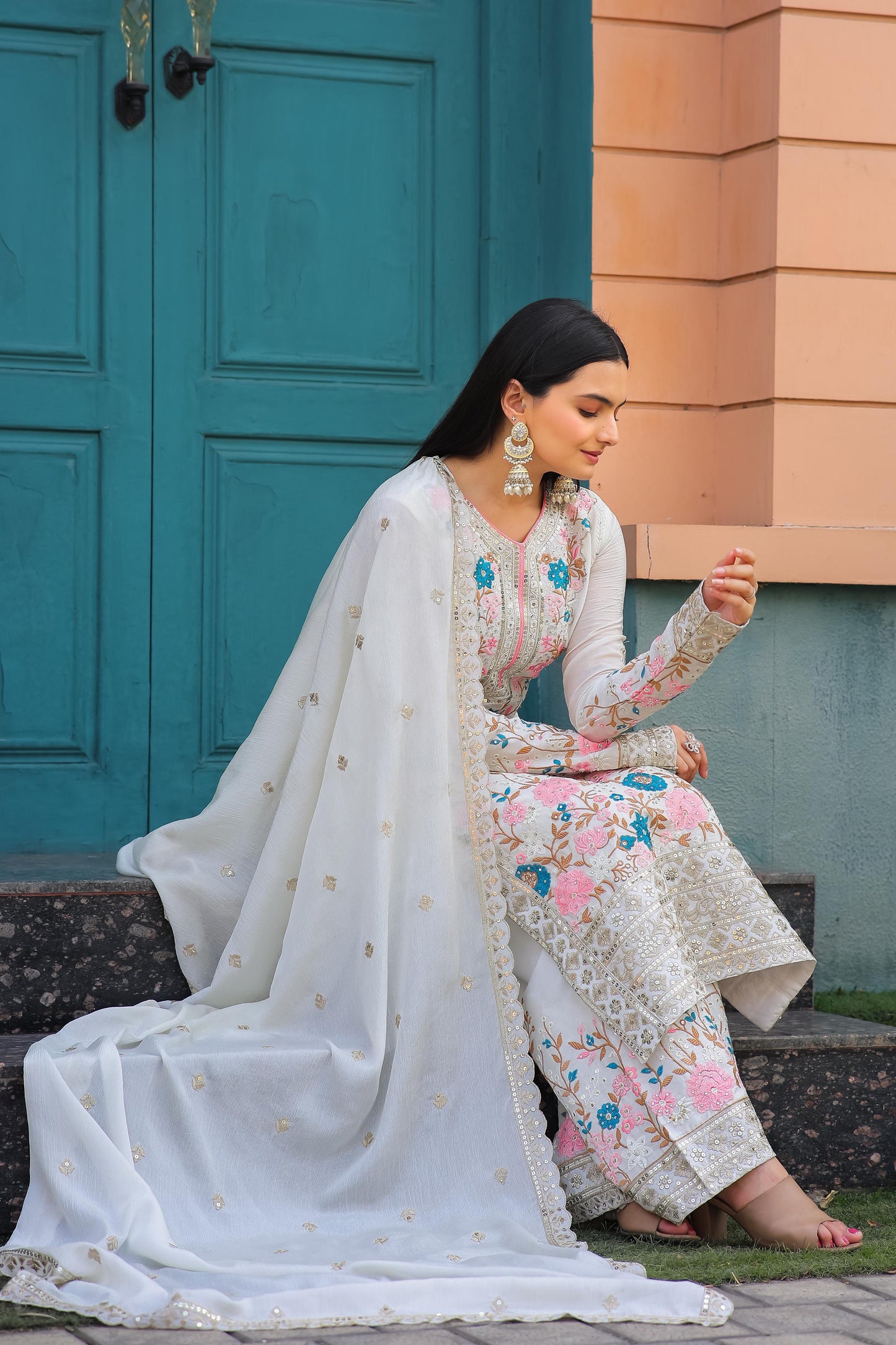 Admiring White Color Thread Work Palazzo Suit