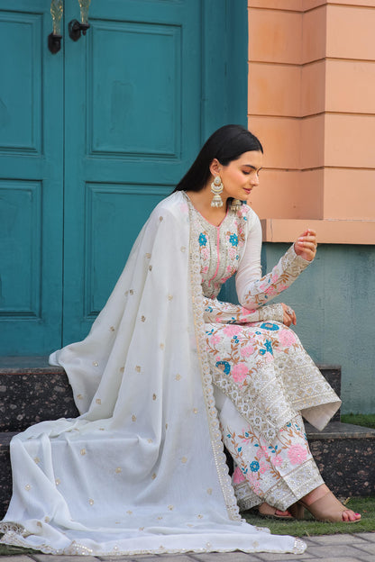 Admiring White Color Thread Work Palazzo Suit