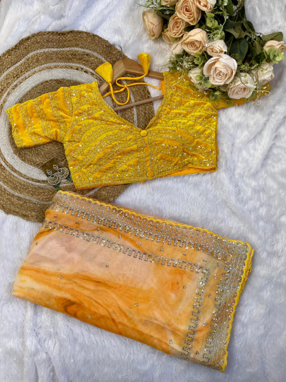 Gorgeous Multi Printed Saree With Yellow Work Blouse