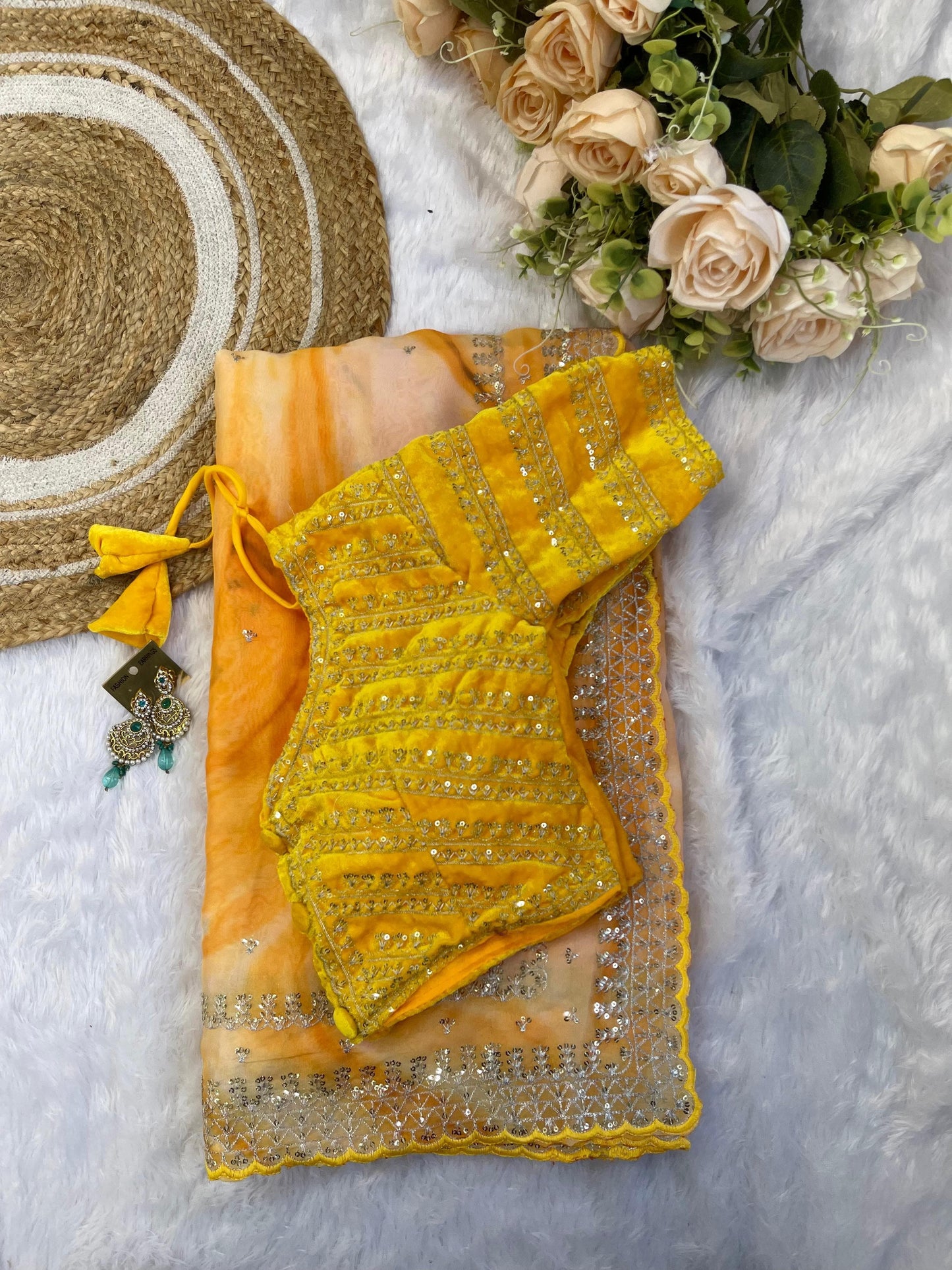 Gorgeous Multi Printed Saree With Yellow Work Blouse